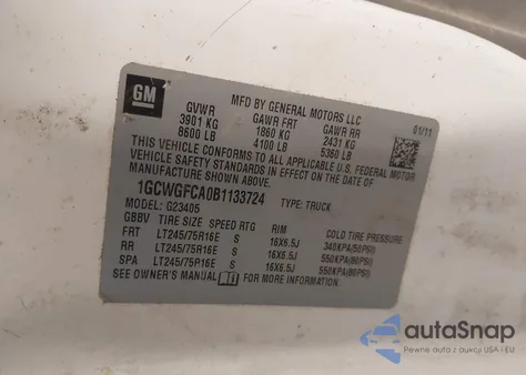 2011 Chevrolet Express 2500 Work Van from USA, damaged, VIN 1GCWGFCA0B1133724